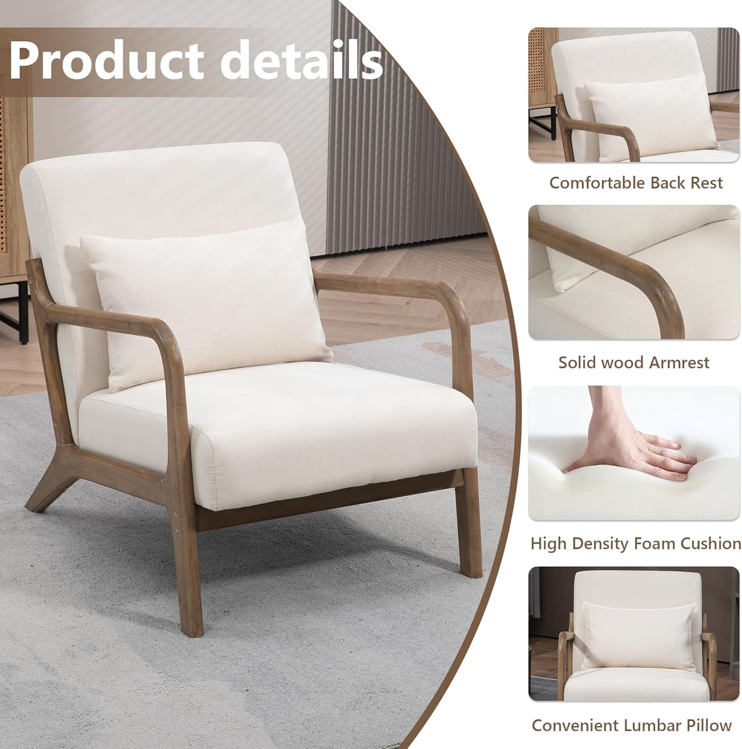 MOONMISS Mid-Century Modern Accent Chair, Velvet Fabric Arm Chair with Wood Frame and Pillow, Upholstered Armchair Comfort Reading Chair Lounge Chair for Living Room Bedroom Sunroom, White