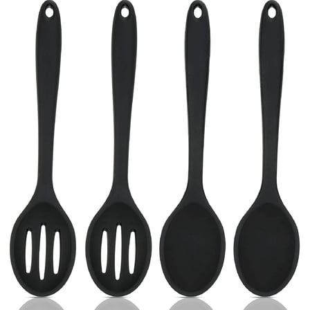 Pack of 4 Silicone Cooking Spoons, Non-Stick Basting Slot and Solid Kitchen Utensils, Black