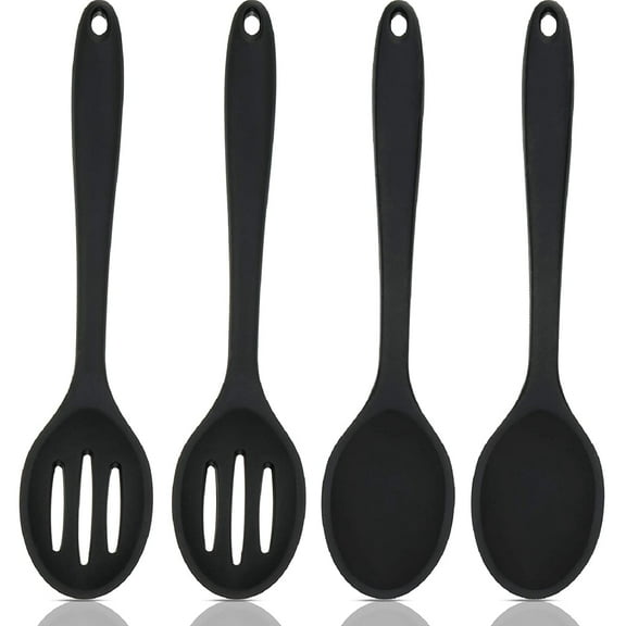 Pack of 4 Silicone Cooking Spoons, Non-Stick Basting Slot and Solid Kitchen Utensils, Black