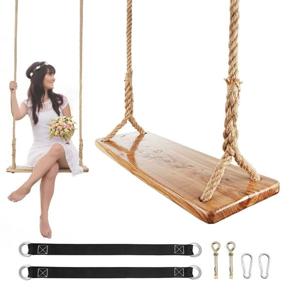 Balançoire en Bois, Balançoire en Bois pour Adultes/enfants avec Capacité de Charge de 500lbs, Corde de Chanvre Réglable Plus Sangles d'Arbre 100 Pouces, Balançoire en Bois Suspendue pour Intérieur, Extérieur, Jardin, Arrière-Cour (Adulte)