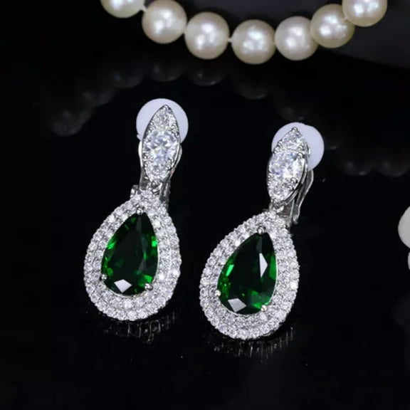 Silver Plated Drop Cubic Zirconia CZ Long Clip on Women Earring Without Piercing