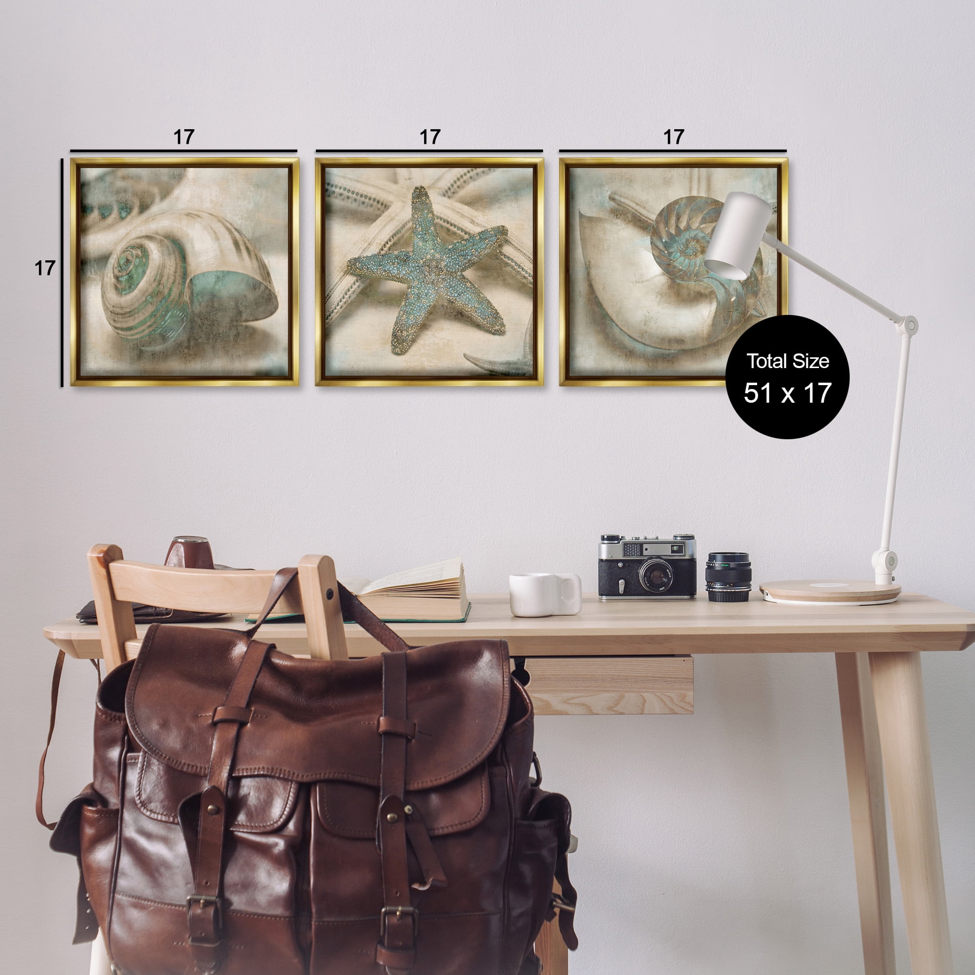 Stupell Industries Starfish & Sea Shells Distressed Nature Painting Gold Floater Framed Canvas Art Print Wall Art, 18 x 18, Set of 3