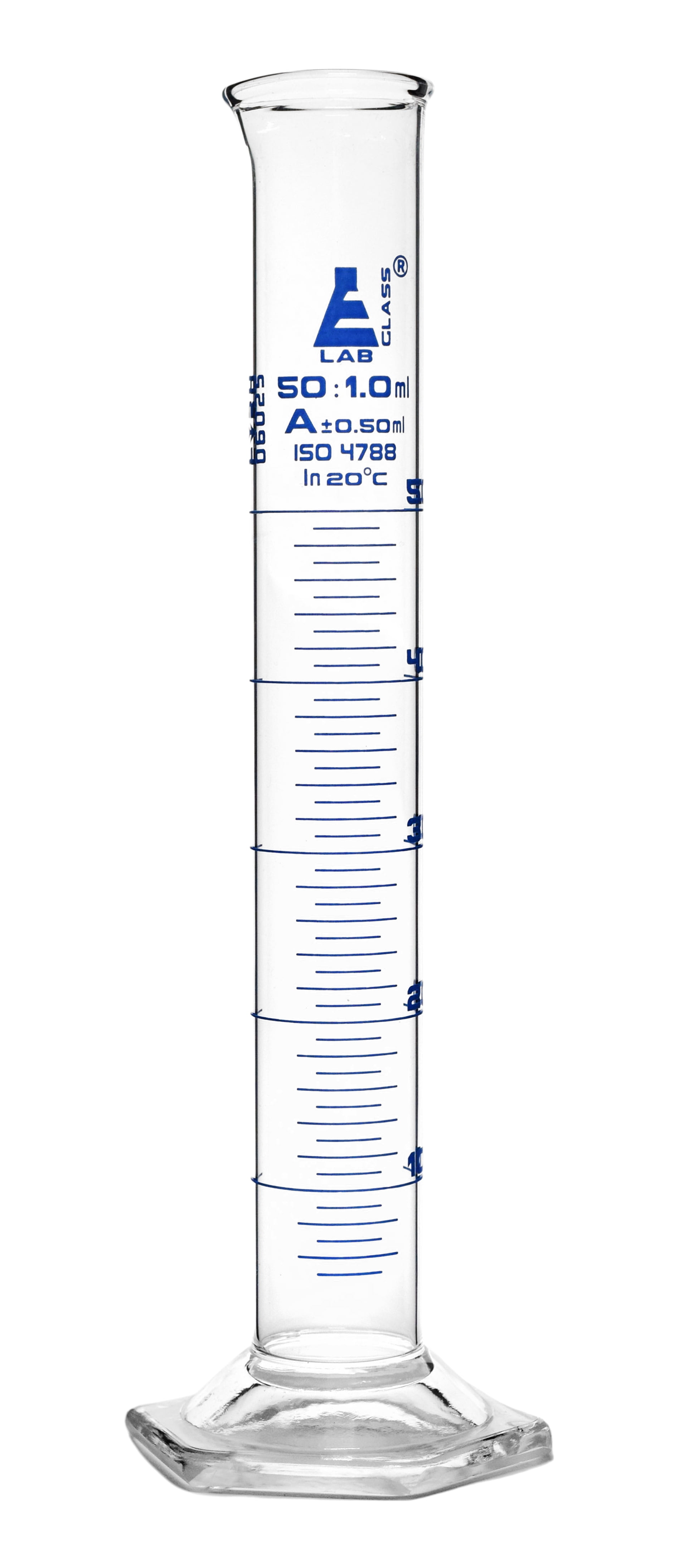 Graduated Cylinder, 50ml Class A Tolerance ?0.50ml Hexagonal Base