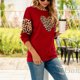 thumbnail image 3 of Tops de manga larga para mujer, cuello redondo, bloque de color leopardo, blusas casuales de moda, camisetas para el hogar, oficina, fecha, cumpleaños, rojo vino M, 3 of 6