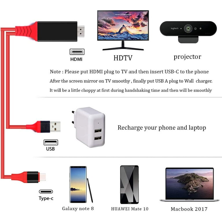 HDMI Adapter USB Type C Cable MHL 4K Video Converter Cord Compatible Samsung Galaxy S20 S10 S9 S8 Note 20 10 LG G5 Q8 ThinQ V35 Android Phone iMac MacBook for Mirror
