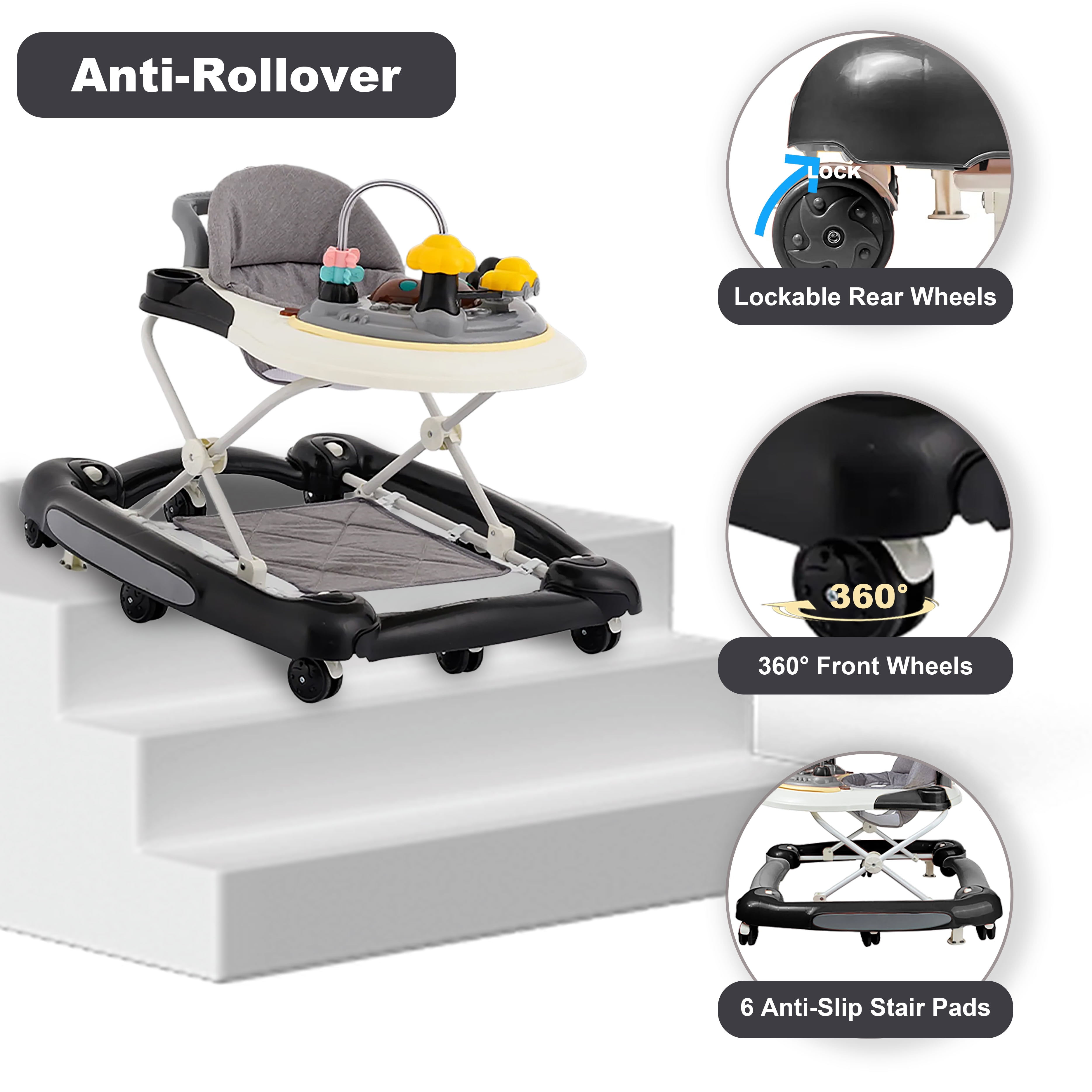 HDUTNGISN 5-in-1 Black Adjustable Baby Walker with Wheels for Boys & Girls