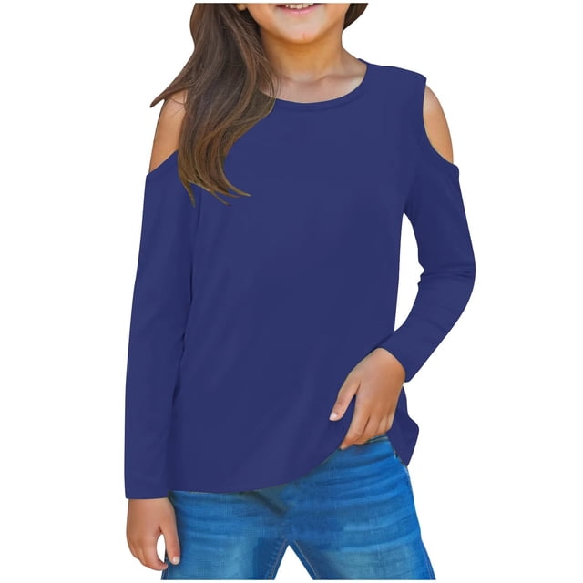Girl Fall Blouses Casual Pleated Front Long Sleeve Puffed Soft Cute Crewneck Dark Blue Fall Tops for Girls Trendy for 9-10 Years