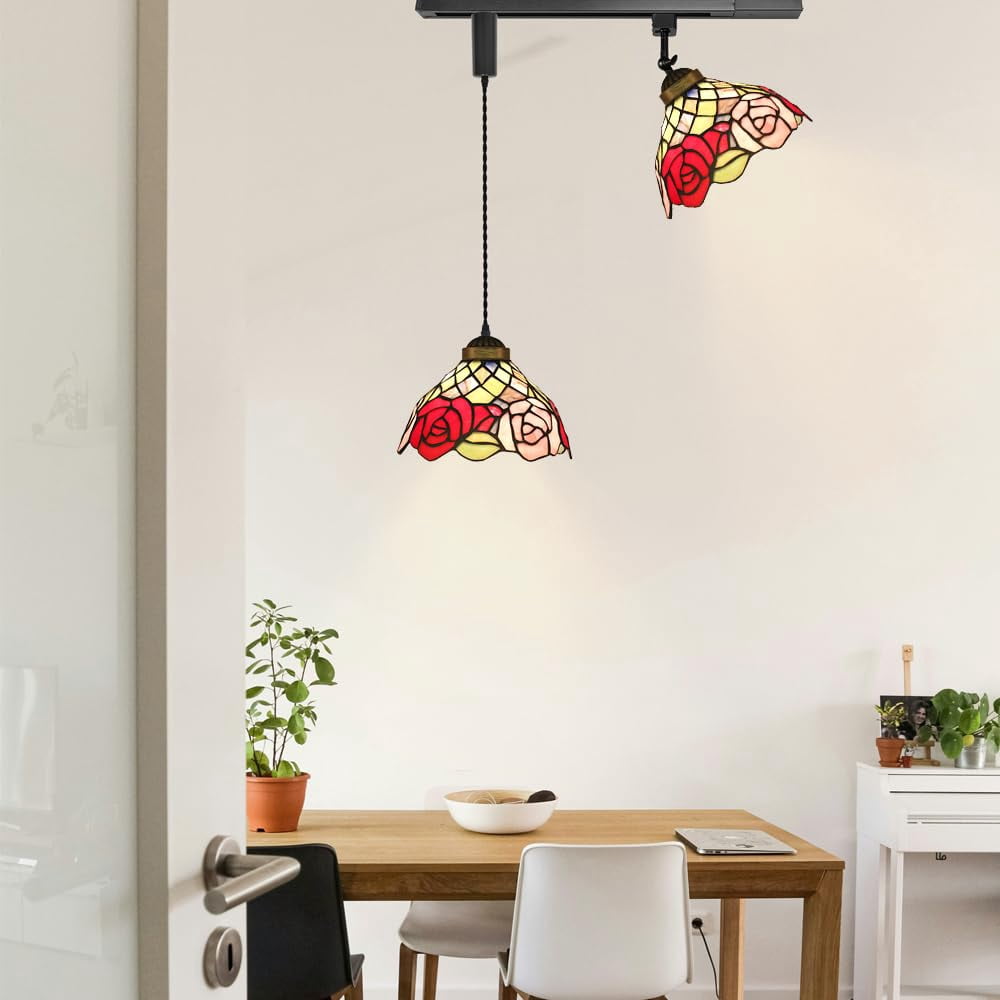KAYYELAMP 1x Plug in Cable Track Rail, 1X Adjustable Cord, 1x Adjustable Angle Red Pink Rose Leaf Glass Shade Tiffany H-Type Track Lighting Fixture for Kitchen Loft(No Bulb)