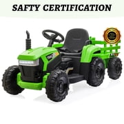 TOBBI 12V Electric Battery-Powered Ride On Toy Tractor Trailer, Green