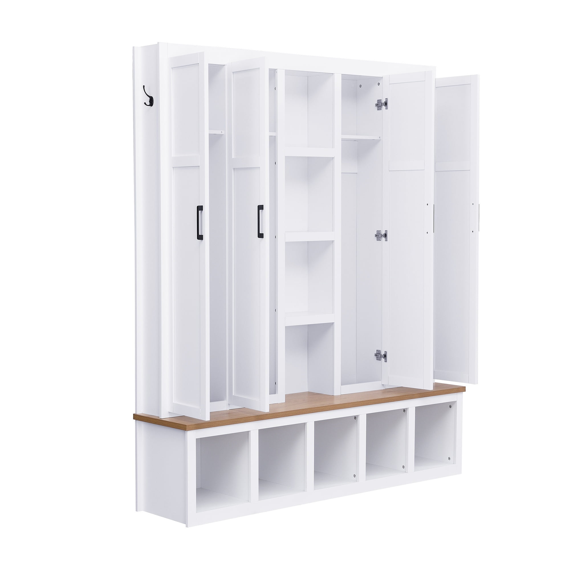Farmhouse 4-in-1 Hall Tree with 6 Hanging Hooks, 62.9''W Mudroom Wood Grain Bench Shoe Organizer with Cubbies, Entryway Coat Rack with Storage Shelves for Hallway, Living Room