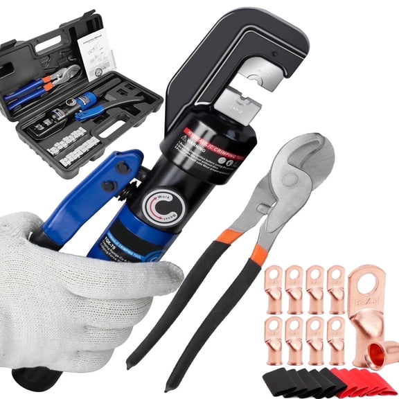 Hydraulic Wire Terminal Crimping Tool and Cable Cutter 8 Ton 12 AWG to 00 (2/0) with Cable Lugs 9 Pairs of Dies