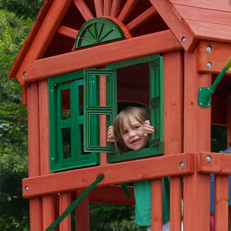 Gorilla Playsets Nantucket II Wooden Swing Set with 2 Belt Swing, Trapeze Bar, and Working Shudders - Image 8