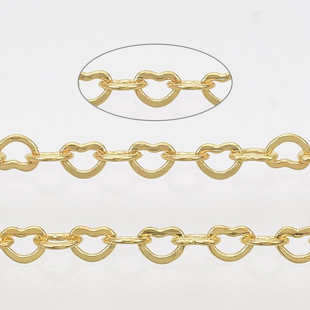 Brass Heart Link Chains Soldered with Spool Golden 1.8x2.4x0.4mm about 9.84 Feet(3m)/Roll