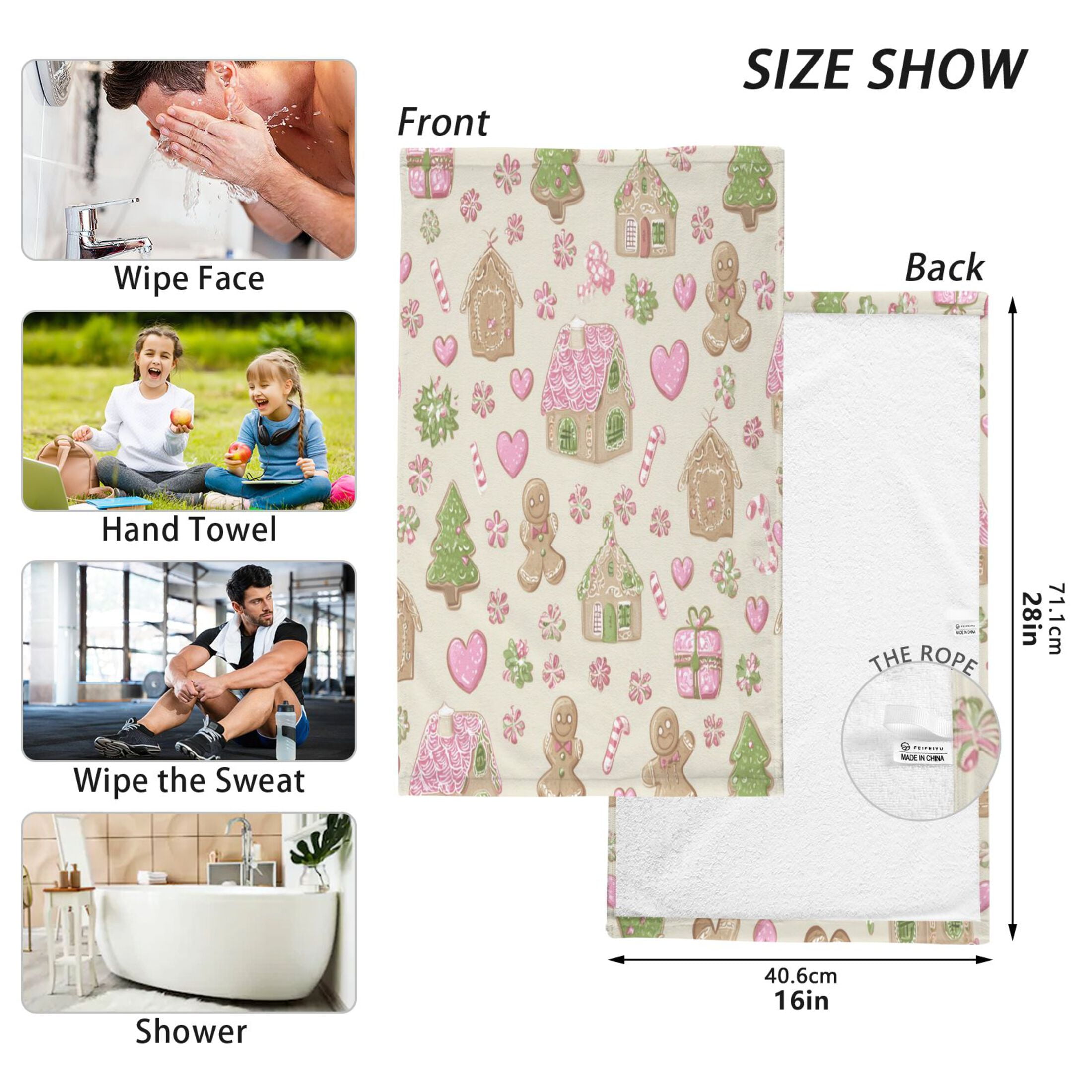 2 Pcs Hand Towels Sets Pink Cute Christmas Pattern Cotton Towel Set Absorbent Face Towel for Bathroom Kitchen Shower Hotel Decor