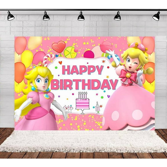 Mario backdrop, 60×40 Inch Princess Peach theme birthday party decoration photo background, suitable for girls' birthday party