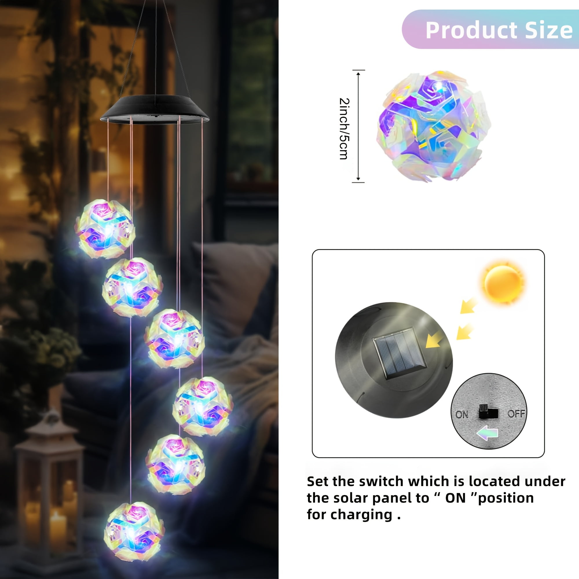 2 Solar-Powered Color-Changing Wind Chime Light - Touch Control, Plastic, Detachable Chandelier for Outdoor Garden or Patio Decor, Wind Chimes for Garden Decor
