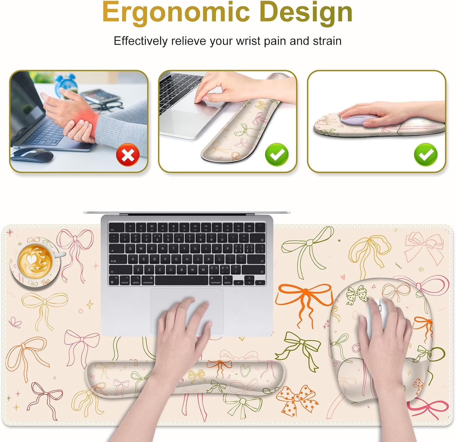 Apricot Mouse Pad with Wrist Support 4 in1 Set, XXL Big Game Mousepad + Keyboard Wrist Rest + Mouse Wrist Rest Pad +Coaster Gaming Mat for Home Office Work Computer I Colorful Cute Girl's Bow