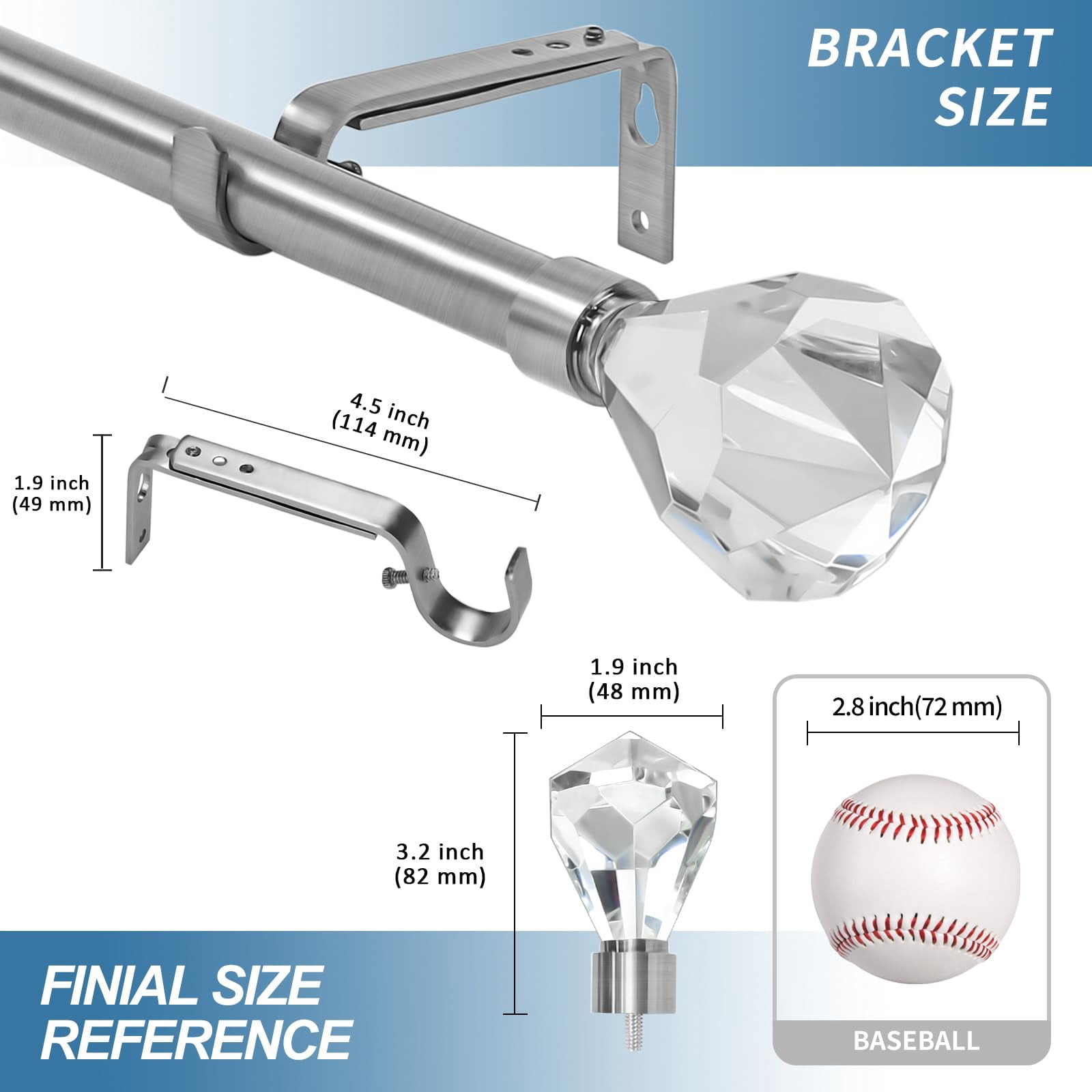 Urbanest Real Crystal Diamond-cut Elegant Designer Curtain Rod – Solid Metal Rod with Genuine Crystal Finials – 3/4" Adjustable , Heavy-Duty, Decorative, Sparkling Design, 28" to 48", Nickel