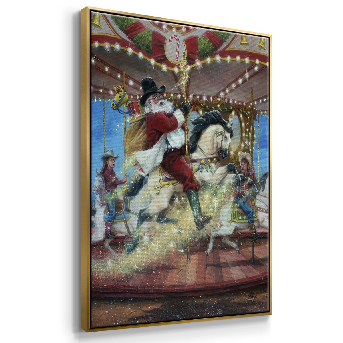 Merry Go Round - Framed Gallery Wrapped Holiday Canvas - 17 x 25 - Gold Frame