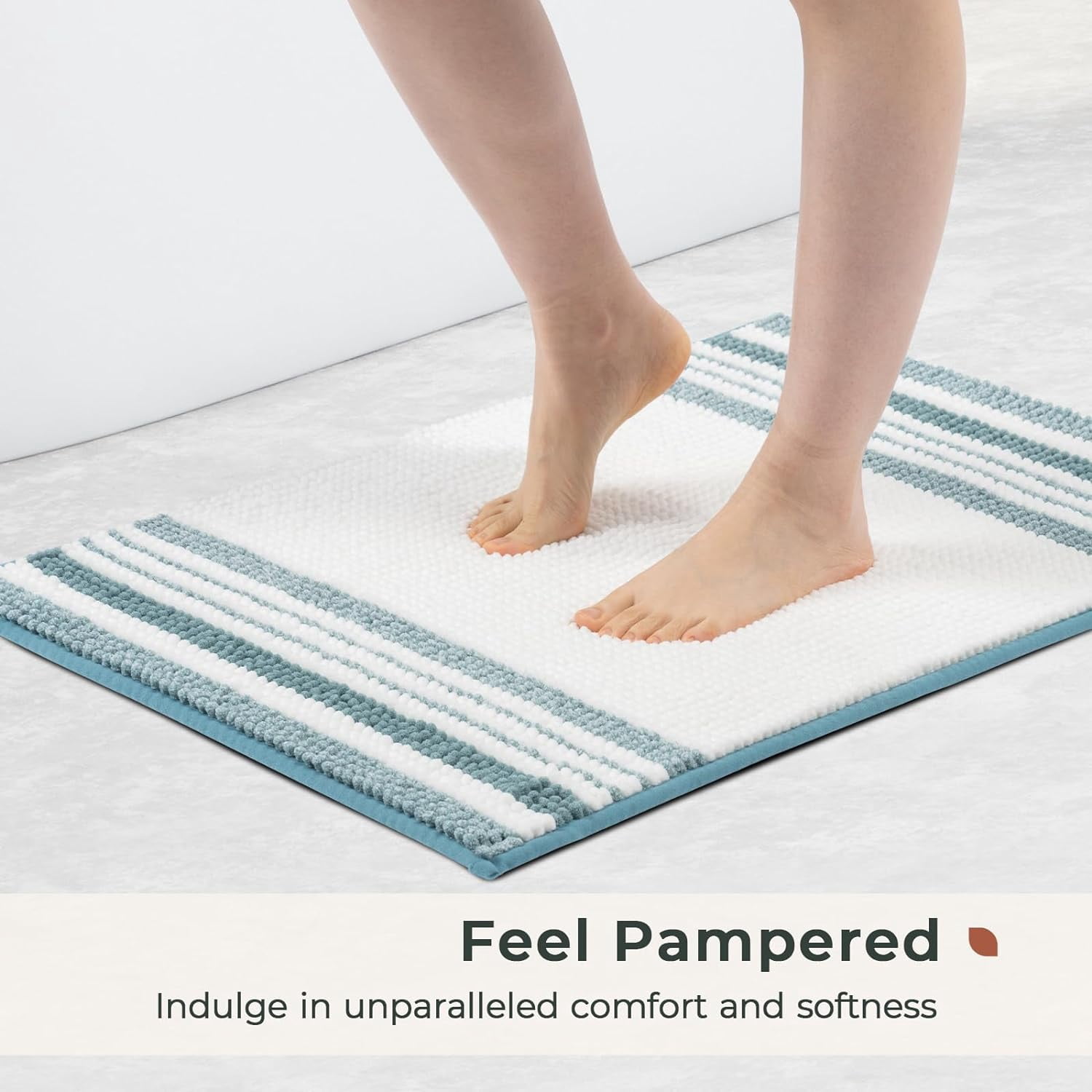 Stripe Chenille Bathroom Rugs Sets 2 Piece 17"x24"+20"x32", Soft Bath Mats for Bathroom Floor Non-Slip, Washable Bath Rugs Set, Water Absorbent Shower Floor Mat, Aqua Blue and White