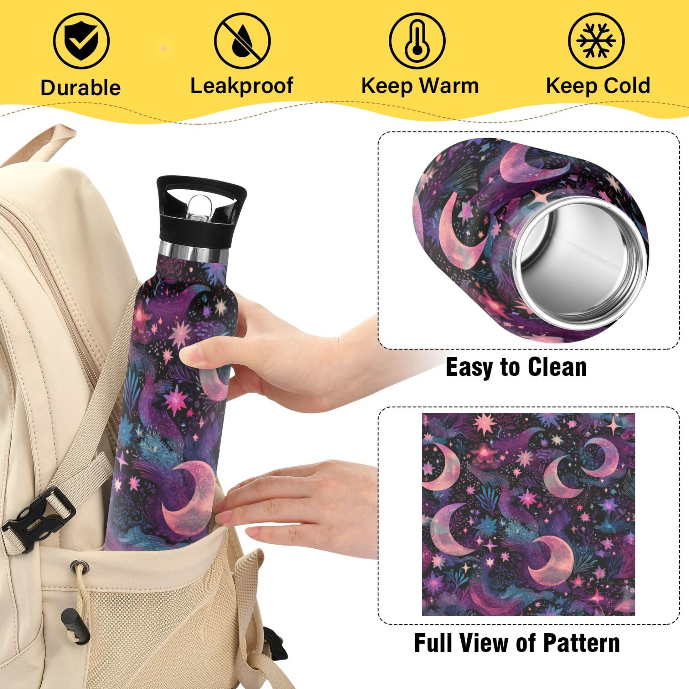 600ML Stainless Steel Insulated Cup Sports Water Bottle Portable Thermos Cup Water Glasses Insulated Tumblers Convenient and Durable Purple Moon