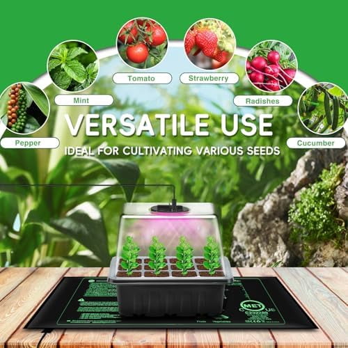 Seed Starter Tray with Grow Light, 5 Pack Seed Starter Kit with Heat Mat, Seed Tray with Timing Controller Adjustable Brightness and Humidity Domes Heightened Lids, Black