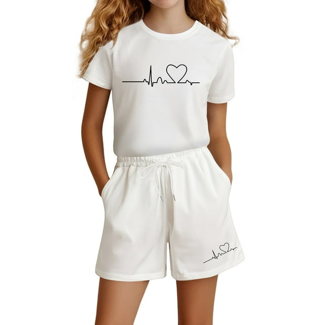 PMVFHDE Tenues & Ensemble pour Filles Mode Imprimé Lettres Décontracté Manches Courtes Costume Blanc, 5 Ans