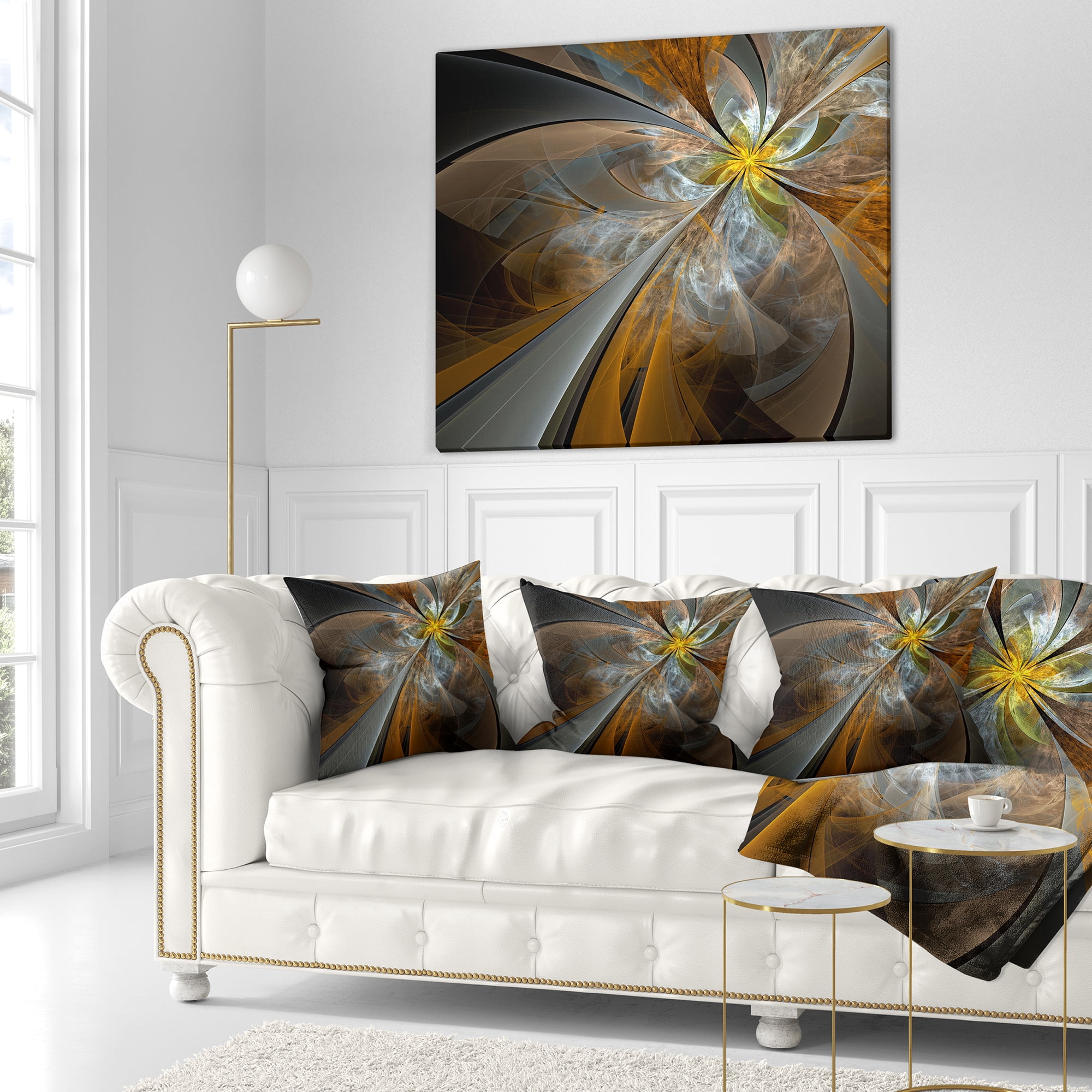 Designart Symmetrical Yellow Fractal Flower - Abstract Throw Pillow - 16x16