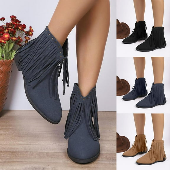 Miluxas Fringe Ankle Cowboy Boots for Women Short Cowgirl Booties Western Fringed Tassel Ankle Boots Suede Chunky Block Heel Navy 9.5(43)