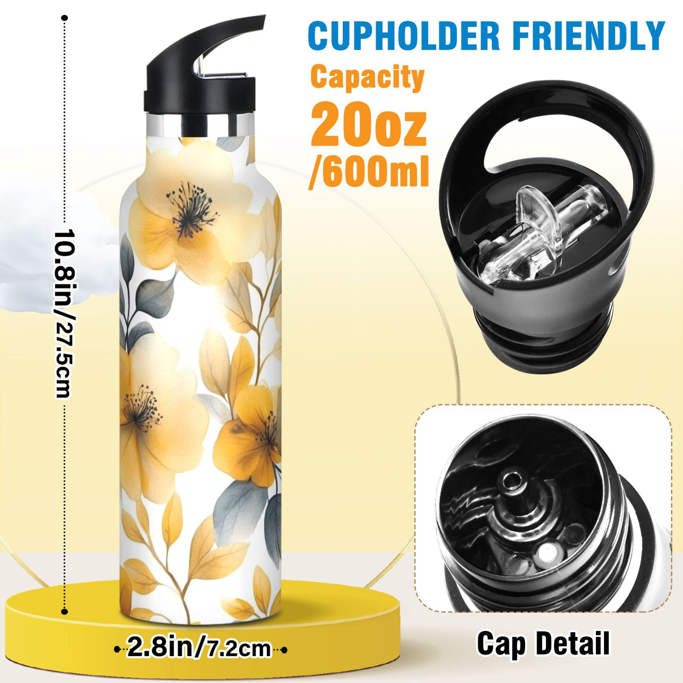 600ML Stainless Steel Insulated Cup Sports Water Bottle Portable Thermos Cup Water Glasses Insulated Tumblers Convenient and Durable Cartoon Yellow Flowers