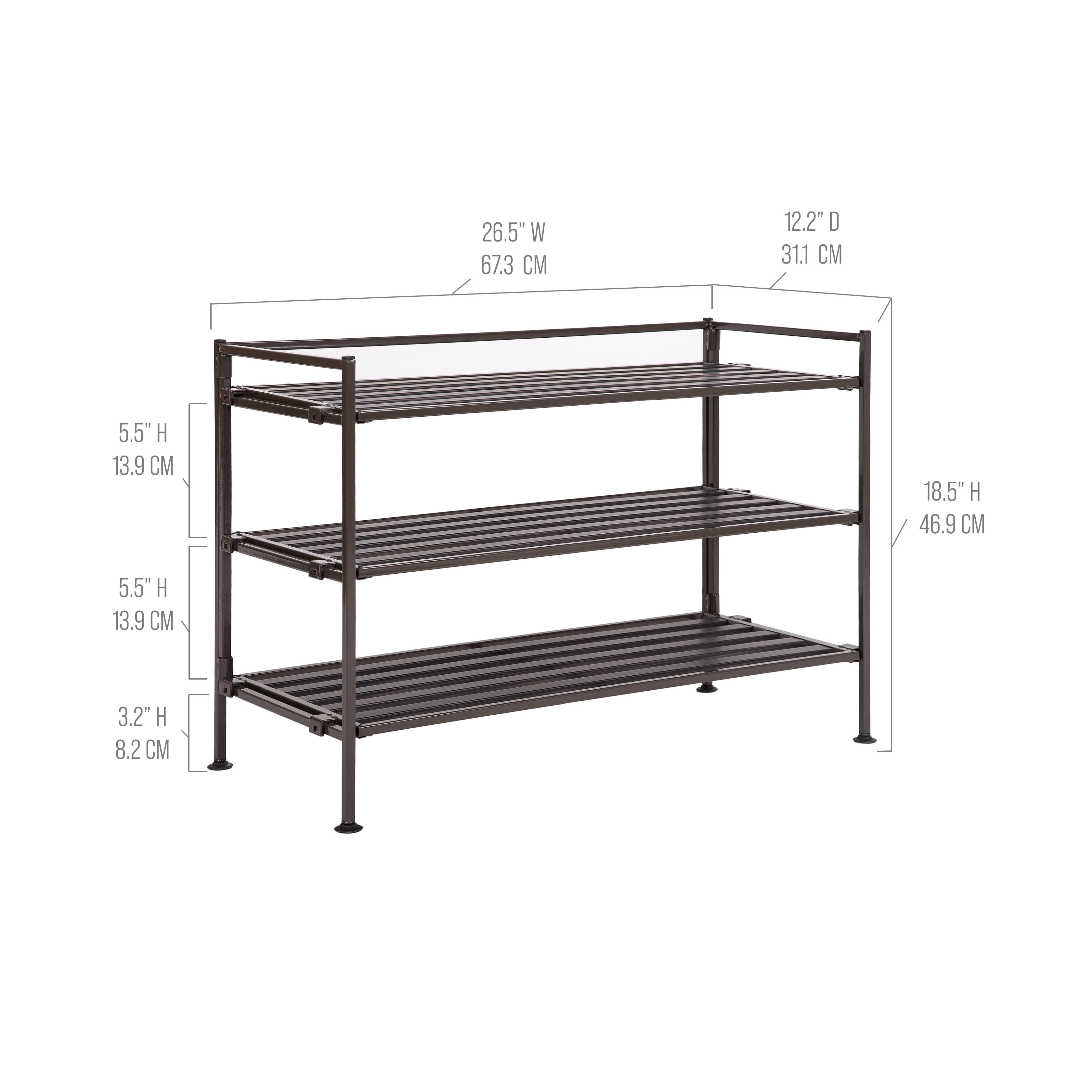 Seville Classics 3-Tier Stackable 9-Pair Resin Slat Metal Frame Shoe Storage Rack Organizer, Espresso