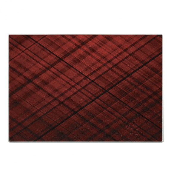 Abstract Cutting Board, Scottish Kilt Design Pattern with Stripes Lines Squares Ombre Image, Decorative Tempered Glass Cutting and Serving Board, Small Size, Burgundy Scarlet, by Ambesonne