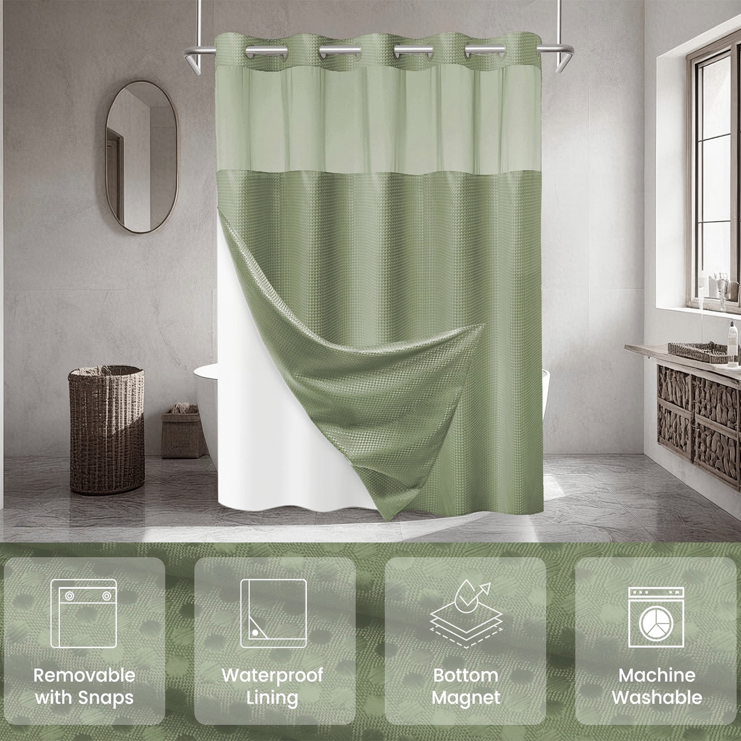 Waffle Weave Hookless Shower Curtain with Snap in Liner, DawnJoanHD Green Polyester Fabric Shower Curtains with See Through Top Window, 71" x 74"