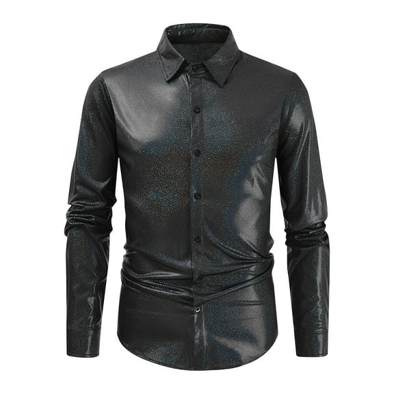 PuLe Men's Metallic Disco Shiny Slim Fit Long Sleeve Button Down Nightclub Party Shirts Christmas Shirt
