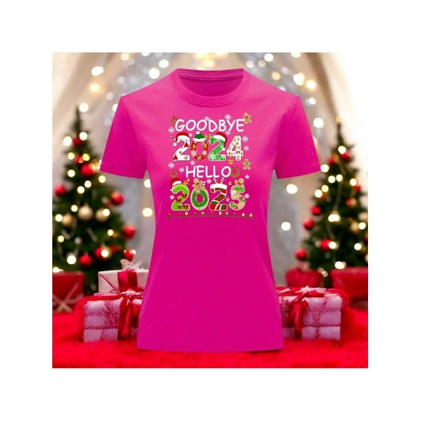 Playera Blusa Con Estampado De Goodbye 2024 Hello 2025 Fin De Año Año Nuevo Color Fucsia Talla Chica Marca Emil SaEs