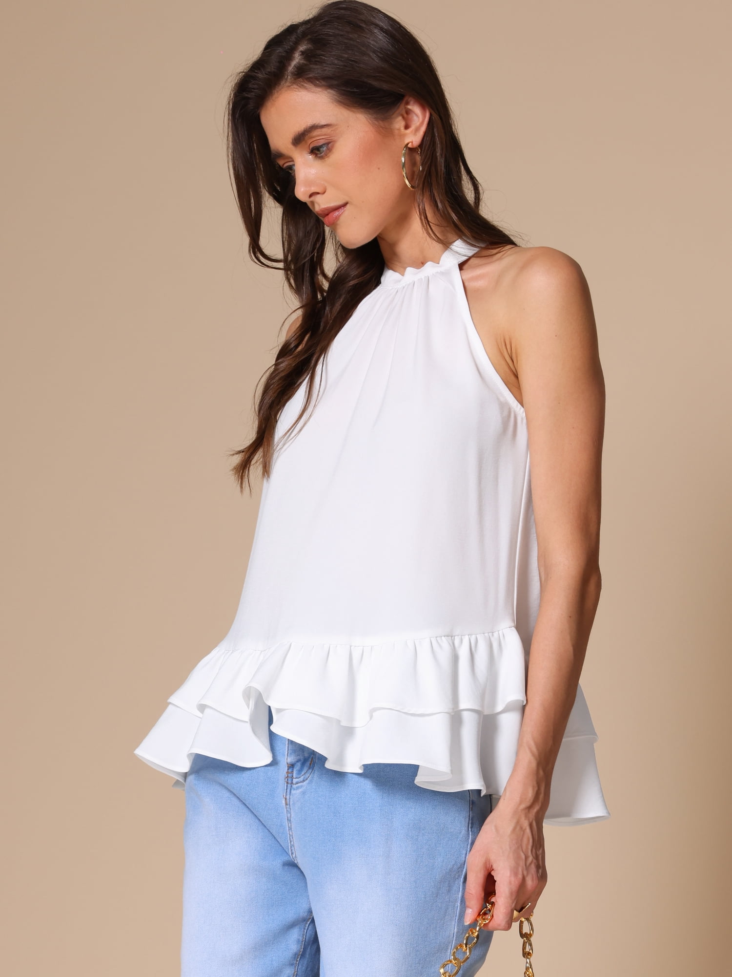 DARING DIVA Women's Halter Neck Peplum Hem Sleeveless Top S White