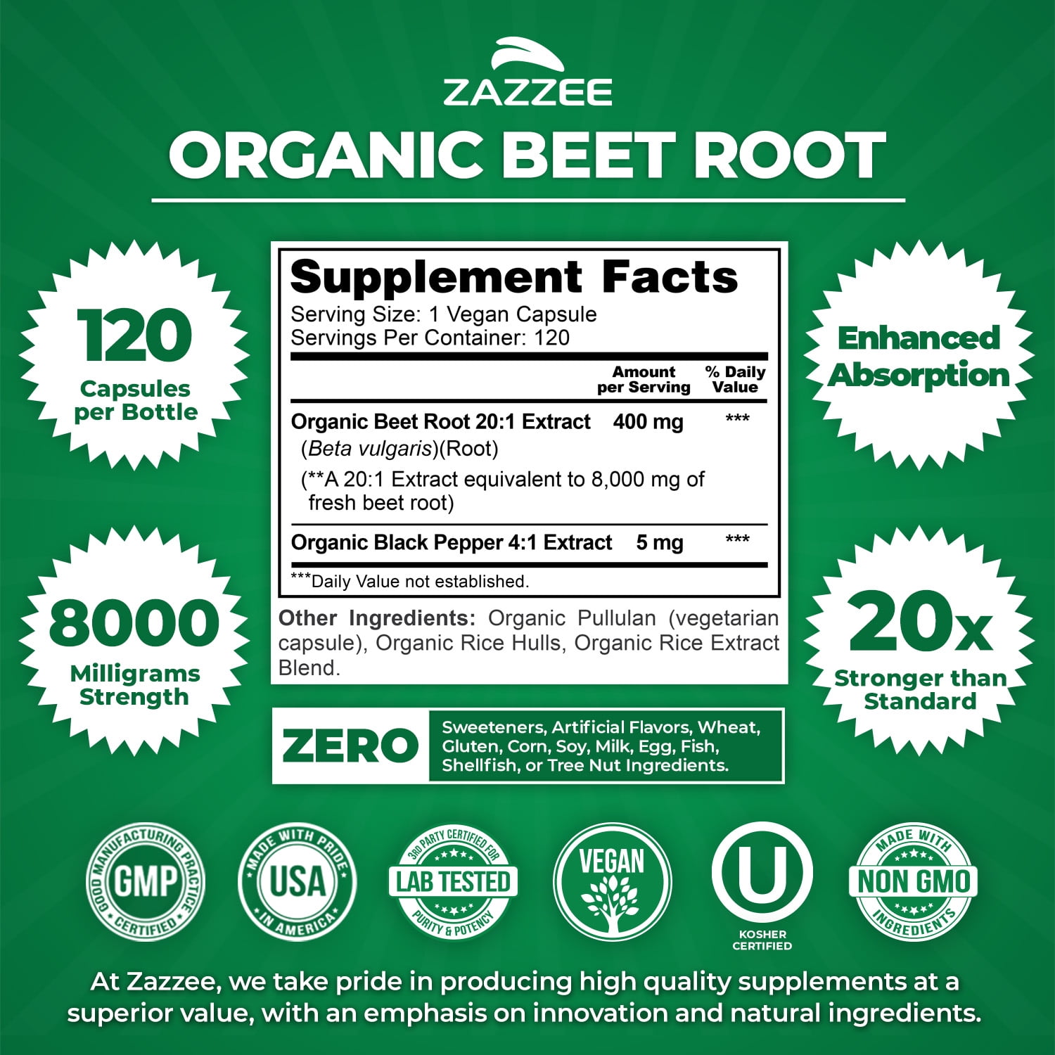 Zazzee USDA Organic Beet Root 8000 mg Strength – Supports Nitric Oxide & Energy – 20:1 Extract
