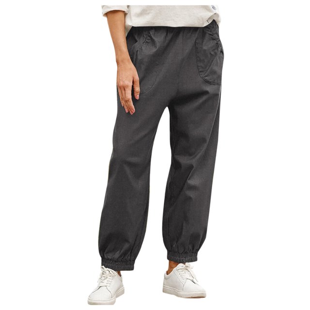 Pantalones cargo largos con bolsillo de algodón y lino informales lisos para mujer a la moda Fridja hfkajh98877
