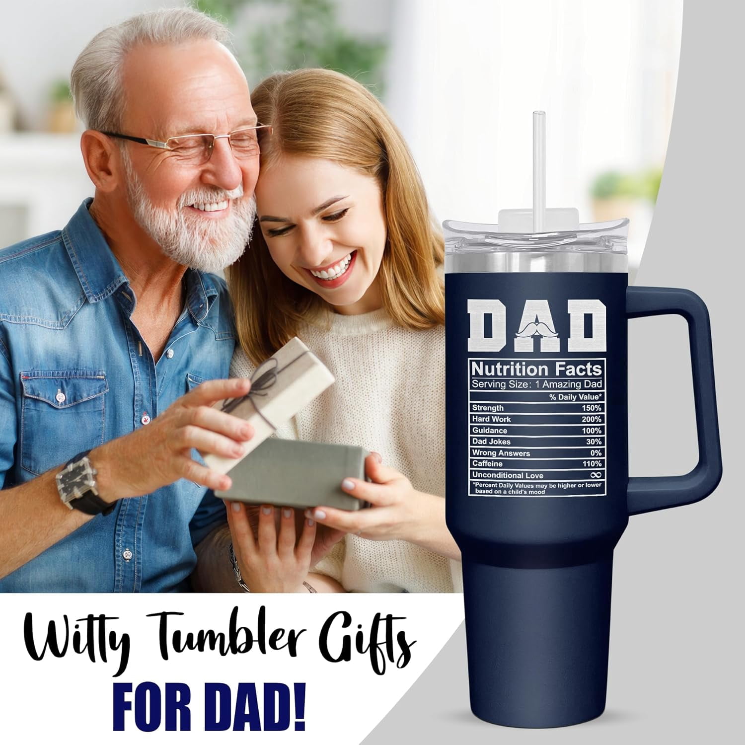 Father's Day Gifts for Dad - Insulated 40 oz Tumbler with Straw and Handle - Fathers Day Birthday Gifts for Dad from Daughter Son, Mens Birthday Gift Ideas