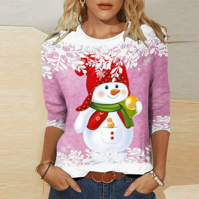 FcBaudy Hauts pour Femmes, Blouses et Chemises à Manches Longues et Col Rond, T-Shirts Imprimés Mode pour Femmes, Blouse Ample Manches 3/4 Col Rond Décontracté