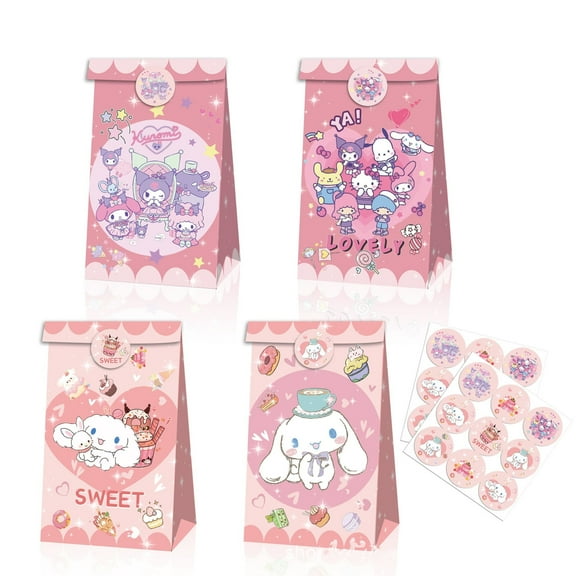 12 Pack Sanrio Party Favor Bags Paper Goodie Bags - Treat Candy Bag for Kids' Theme Party, Boys Girls Birthday Party Supplies Gift Bags with Stickers for Party Decorations