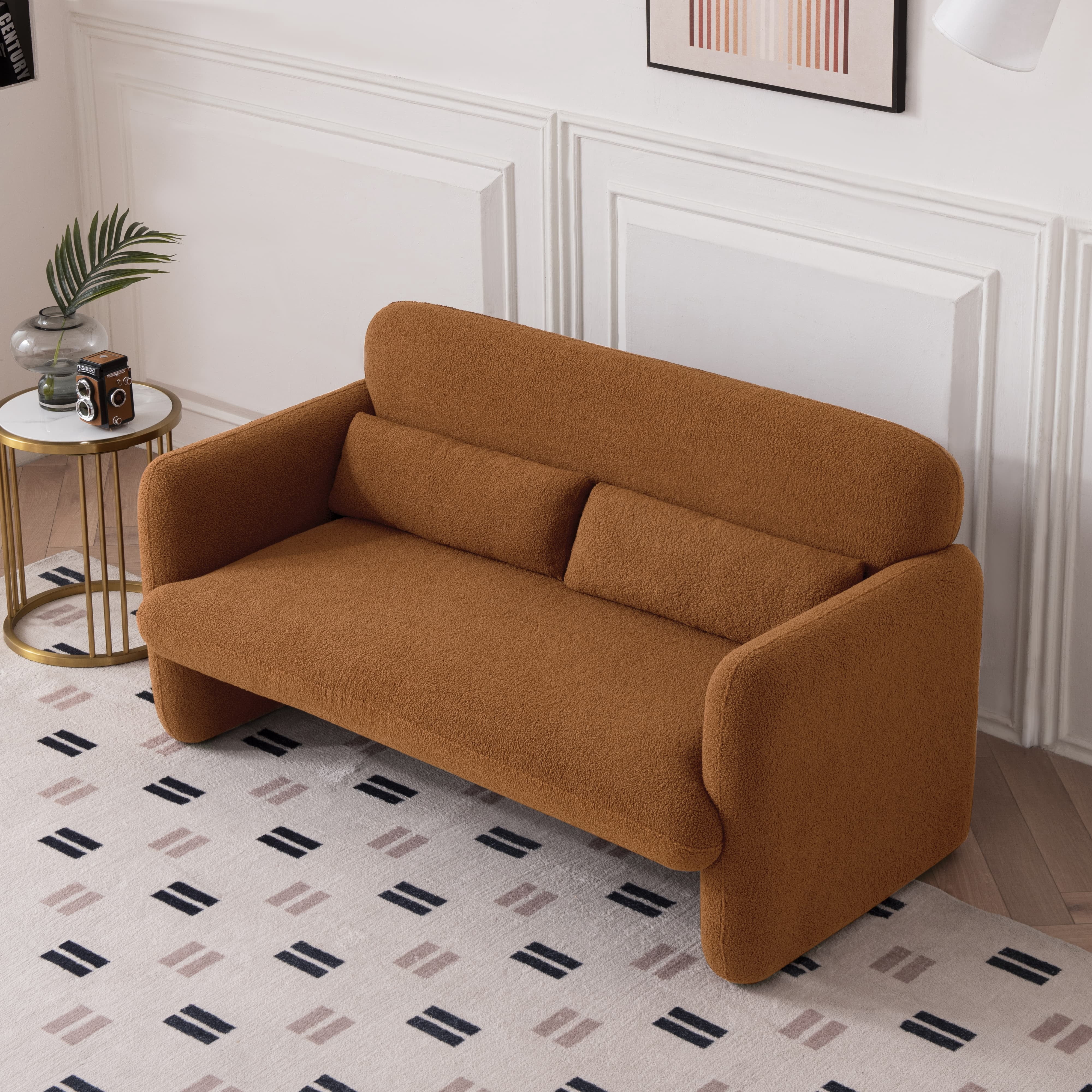 MAYEERTY Modern Lamb Fabric Loveseat Sofa Solid Wood Frame Toss Pillow Included