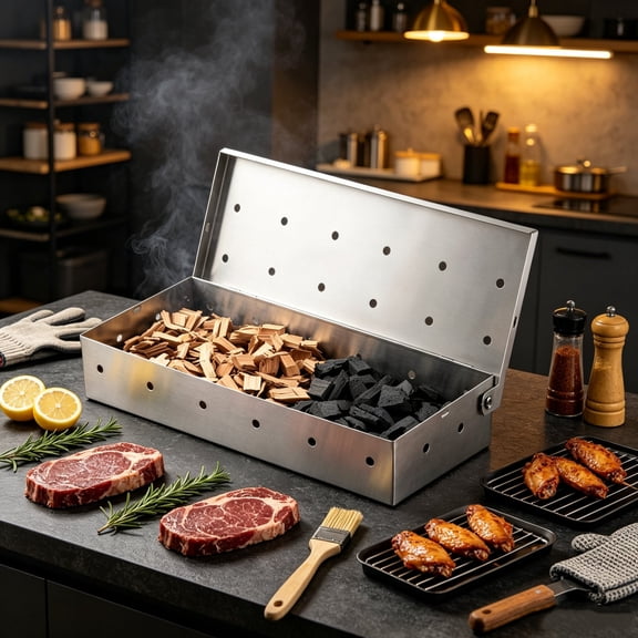 Stainless Steel BBQ Smoker Box, Portable Wood Chip Smoking Container for Grilling, Backyard Camping Picnic Meat Seafood Vegetable Flavor Enhancer