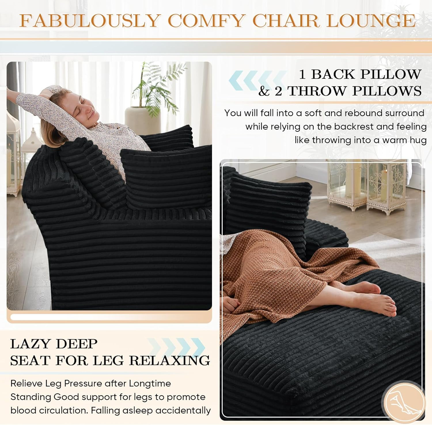 AENKYO 50" Chaise Lounge Sofa Bed with 3 Pillows, Convertible Sleeper Couch for Living Room, Bedroom & Small Spaces - Corduroy Upholstered Deep Seat Comfy Furniture - Black