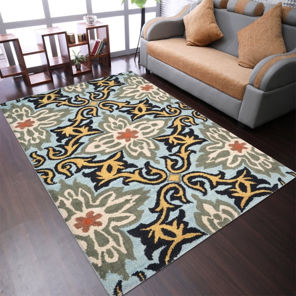 Rugsotic Carpets Hand Tufted Wool Eco-Friendly 8'x10' Area Rugs Rectangle Blue Floral Modern High Pile Thick Handmade Anti Skid Indoor Rug for Living Room, Bedroom K00722
