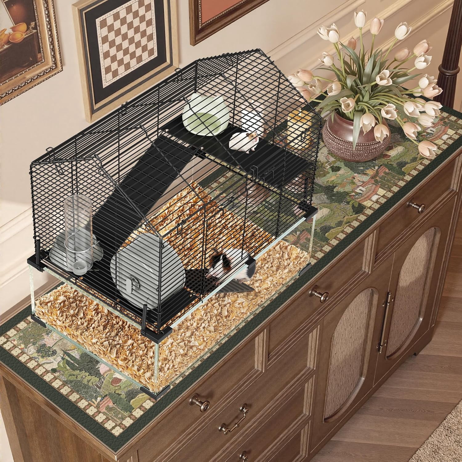 3-Tier Large Hamster Cage with 6mm Tempered Glass Base, Silent Running Wheel, Water Bottle & Food Bowl, Spacious Multi-Level Habitat for Syrian & Dwarf Hamsters, Gerbils, Mice, and Small Pets (22.