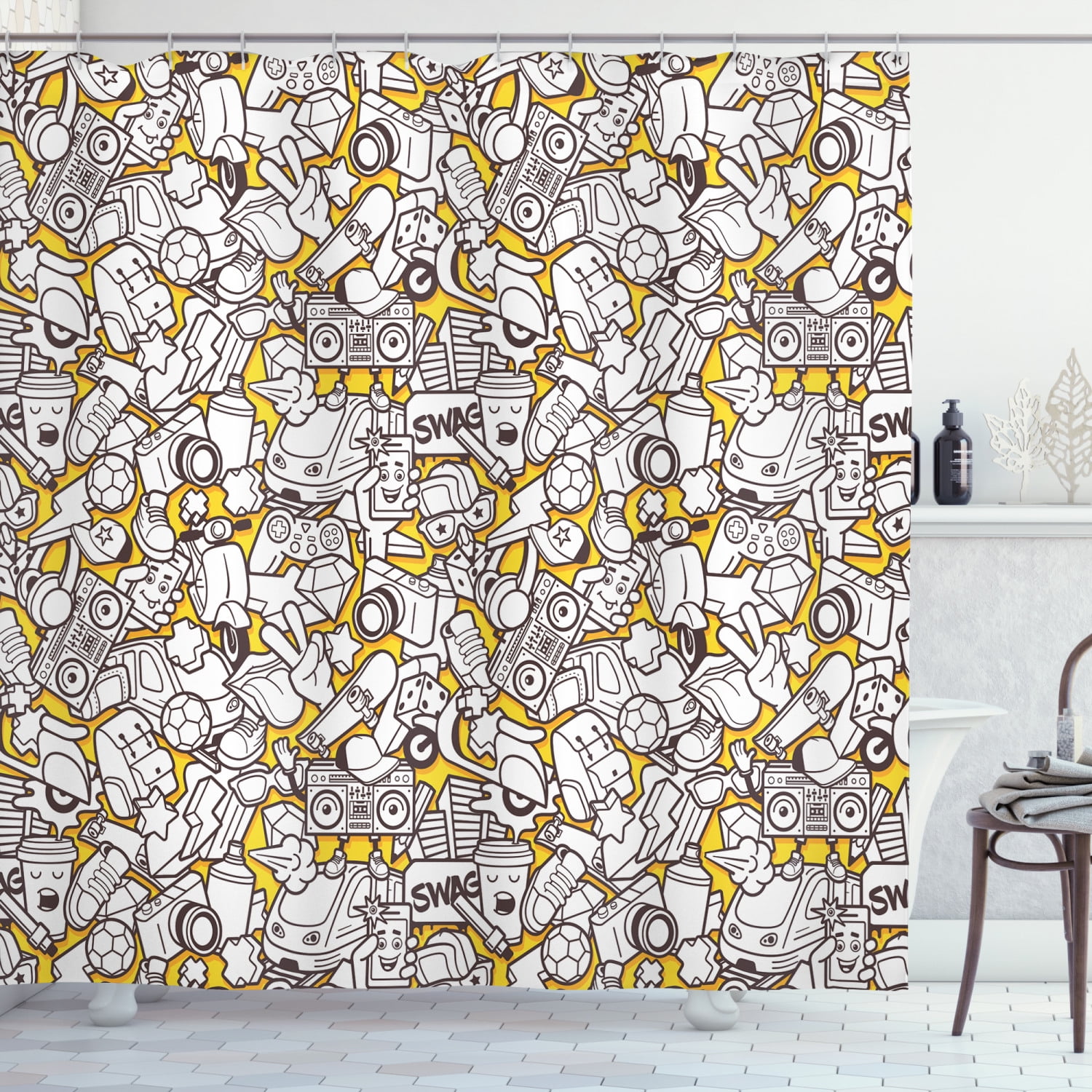 Crazy Shower Curtain, Modern Urban Art Graffiti Style Doodle Motifs