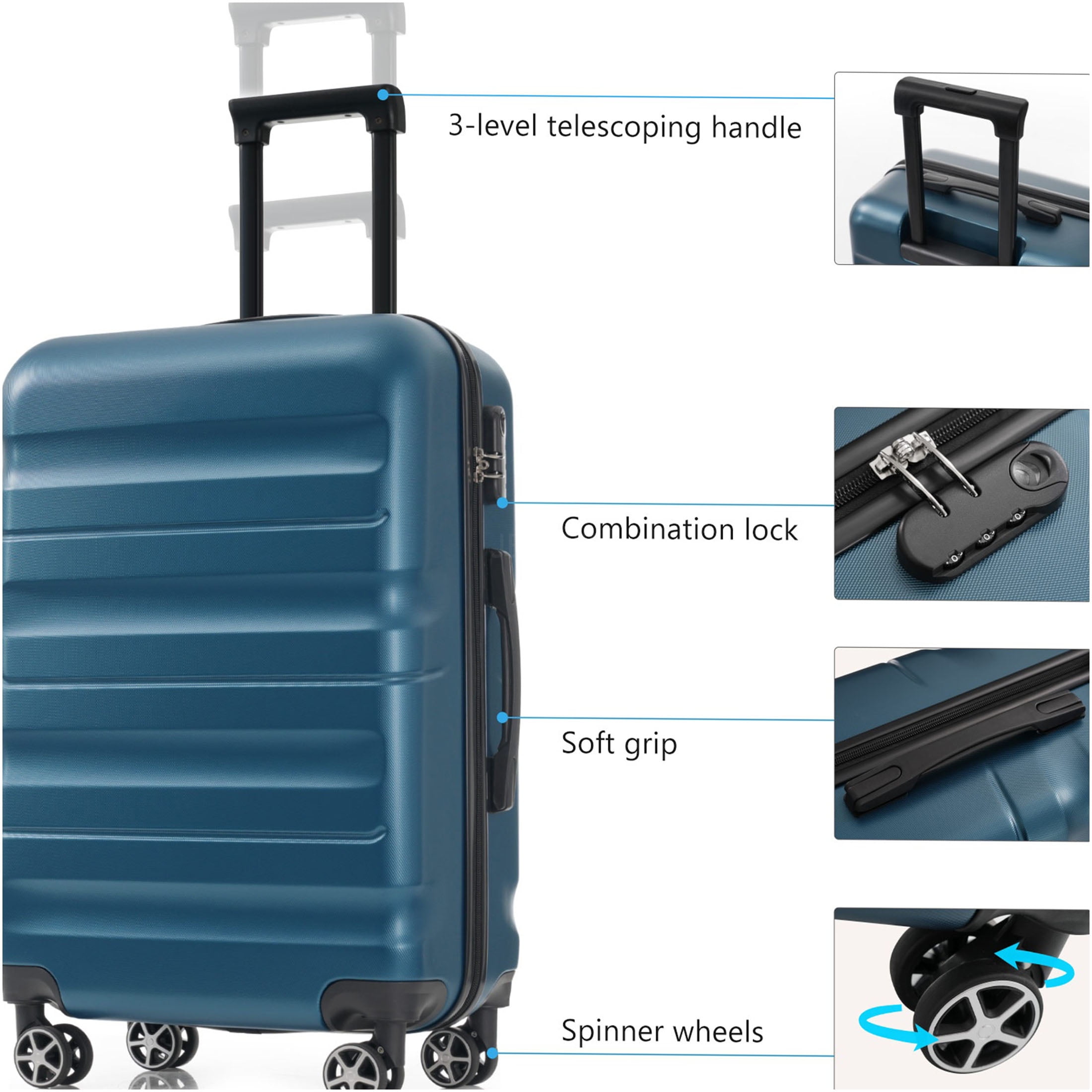 JERFIT 24-Inch Hardshell ABS Checked Spinner Suitcase Luggage Set with Packing Cubes, Lightweight & Durable Travel Suitcase for Adults, Inky Blue