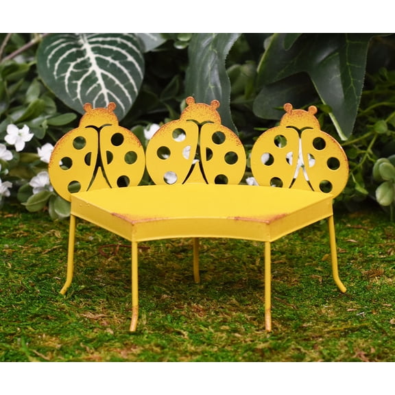 Pack Of 2 Enchanted Fairy Garden Miniature Metal Yellow Ladybug Nook Park Bench