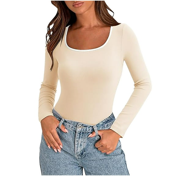 Frostluinai Long Sleeve Workout Tops for Women Round Neck Slim Fit Shirts Solid Color Yoga T Shirts Comzy Fall Gym Blouses Casual Tees